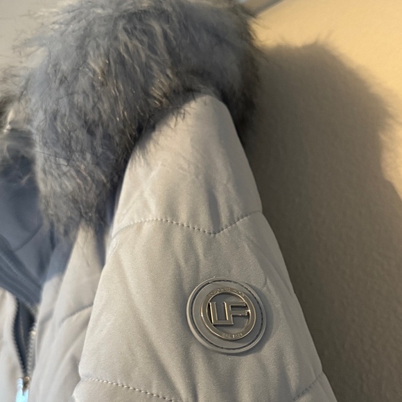 Women's London Fog Light Blue Faux Fur-Trimmed Jacket - Picture 3 of 6